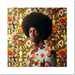 Man with an afro standing in front of a floral wallpaper Posters and Art